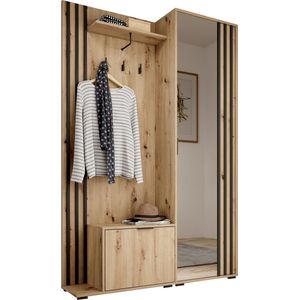 Garderobekast met spiegel Ganggarderobe Compacte garderobekast Vestibule Wandkast Plank Hal & Gang Kast Schoenenkast 135x197x34 cm - JOHN (Artisan + Zwart)