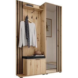 Garderobekast met spiegel Ganggarderobe Compacte garderobekast Vestibule Wandkast Plank Hal & Gang Kast Schoenenkast 135x197x34 cm - JOHN (Artisan + Zwart mit Kissen)