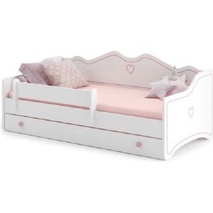 Emka - Junior bed - Met matras - 160 x 80 - Wit - Roze - Hartjes