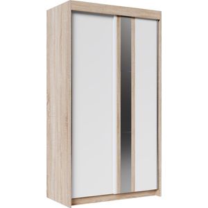 Schuifkast 120 cm - Kleur wit + hout - Spiegel - 5 planken - 2 schuifdeuren - kledingroede