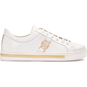 White leather sneakers with golden elements