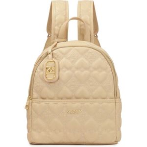 Beige backpack with embroidered heart pattern