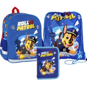 Paw Patrol Chase - Blauwe set voor jongens, rugzak, etui met accessoires, zak