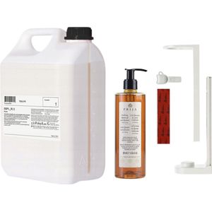 PRIJA Badkamerset: witte flessenhouder, shampoo/douchegel, 380ml + 5l navulling