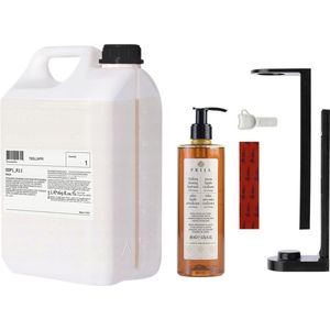 PRIJA Badkamerset: Zwarte Flessenhouder, Vloeibare Zeep met Ginseng 380ml + 5l Navulling