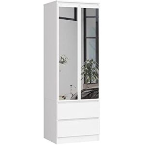 BDW Kledingkast met spiegel, 2 deuren, 2 laden voor slaapkamer, woonkamer, hal, 180 x 60 x 51 cm (wit)