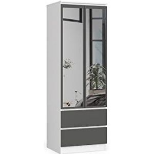 BDW Kledingkast met spiegel, 2 deuren, 2 laden voor slaapkamer, woonkamer, hal, 180 x 60 x 51 cm (wit-grijs)