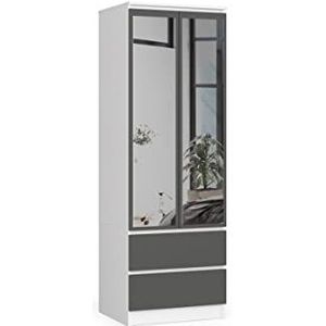 BDW kledingkast met spiegel 2 deuren 2 laden voor slaapkamer woonkamer hal 180x60x51 (wit-grijs)