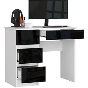 BDW Bureau Met 4 Laden - Speeltafel - Speelbureau - Computerbureau - Speeltafel - Speelbureau - Klein Bureau 90x77x50cm - Wit/Zwart Glanzend