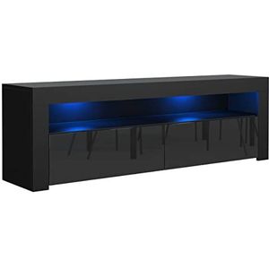 Zwart TV Kast met blauwe LEDs - Hoogglans fronten met 2 deuren - 130 x 48,5 x 35 cm - Staande RTV-kast - Lowboard Televisietafel voor Televisie - Televisiekast