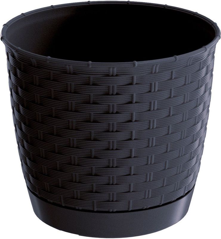 Ronde gevlochten plantenpot/bloempot kunststof dia 19 cm en hoogte 16,5 cm in het antraciet grijs