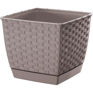 Plantenpot/bloempot rotan kunststof 14.5 x 14.5 cm en hoogte 12.5 cm taupe/beige