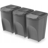 Set van 3x kunststof afvalscheidingsbakken grijs van 35 liter - Scheidingsprullenbakken