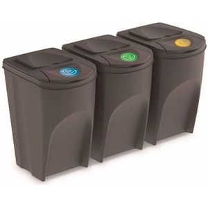 Set van 3x kunststof afvalscheidingsbakken grijs van 35 liter - Scheidingsprullenbakken