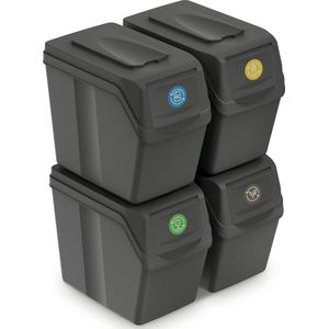 Set van 4 stuks kunststof afvalscheidingsbakken grijs van 20 liter - Scheidingsprullenbakken