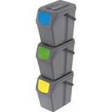 Set van 3 stuks kunststof afvalscheidingsbakken grijs van 25 liter - Scheidingsprullenbakken