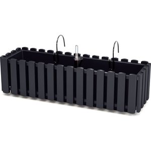 Fence-look ophang plantenbak/bloembak kunststof 58 x 18 x 16 cm antraciet grijs met handige droogtemeter voor binnen/buiten