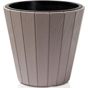 Prosperplast Plantenpot/bloempot Wood Style - buiten/binnen - kunststof - beige - D30 x H28 cm - met binnenpot