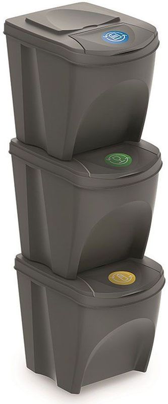 Set van 3x kunststof afvalscheidingsbakken grijs van 25 liter - Scheidingsprullenbakken
