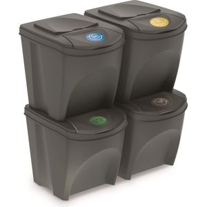 Set van 4x Kunststof Afvalscheidingsbakken Grijs van 25 Liter - Scheidingsprullenbakken