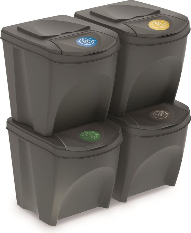 Set van 4x Kunststof Afvalscheidingsbakken Grijs van 25 Liter - Scheidingsprullenbakken