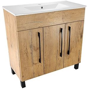 Vittoria80 Inbouw-wastafel van keramiek met staande onderkast in eikenlook, met extra plank, 3 deuren met soft-close-systeem (inbouw-wastafel van keramiek)