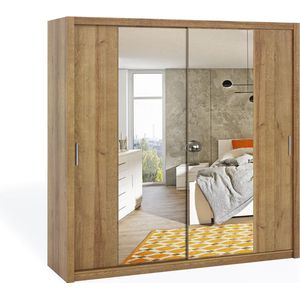 Bono 220 schuifkast, kledingkast met spiegel, planken, hangers, 220 cm, voor de slaapkamer, gouden eik
