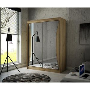 Kledingkast - TWIN - 2 schuifdeuren met spiegel - Planken - Kledingroede - Gouden eik - 150 cm