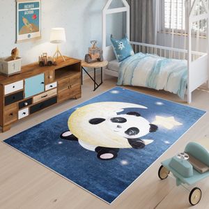 Tapiso Emma Vloerkleed Marineblauw Kinderkamer Panda Tapijt Maat- 80x150