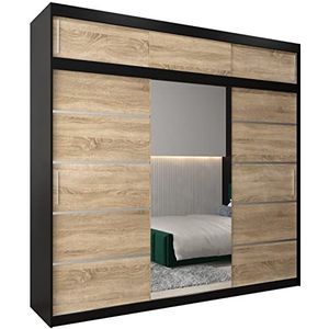 MEBLE KRYSPOL Verona 2 250 slaapkamerkast met DRIE schuifdeuren, spiegel, kledingroede en planken - 250x240x62cm - mat zwart + Sonoma met verlengstuk