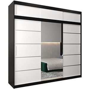 MEBLE KRYSPOL Verona 2 250 slaapkamerkast met DRIE schuifdeuren, spiegel, kledingroede en planken - 250x240x62cm - mat zwart + mat wit met verlengstuk