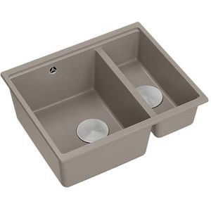 Quadron Dubbele spoelbak, spoelbak, keukenaanrecht, afmetingen 55,5 x 46 x 22 cm, zacht taupe en staal, Logan 150 granieten spoelbak, dubbele wastafel, gootsteen, kastbouw vanaf 60 cm, inbouwgootsteen