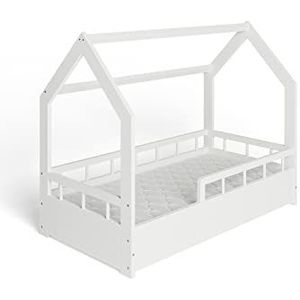 MS FACTORY Huisbed met Matras 70x140 cm - Kinderbed met valbeveiliging - Dennenhouten bed met lattenbodem - Halve Barrière Wit