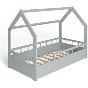 MS FACTORY Huisbed 80x160 cm - Kinderbed met valbeveiliging - Dennenhouten bed met lattenbodem - Halve Barrière Grijs