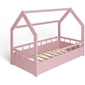 MS FACTORY Huisbed 80x160 cm - Kinderbed met valbeveiliging - Dennenhouten bed met lattenbodem - Halve Barrière Roze