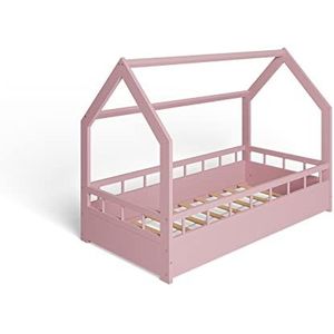 MS FACTORY Huisbed 80x160 cm - Kinderbed met valbeveiliging - Dennenhouten bed met lattenbodem - Barrière Roze