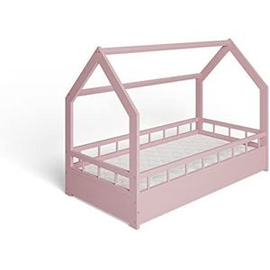 MS FACTORY Huisbed met Matras 80x160 cm - Kinderbed met valbeveiliging - Dennenhouten bed met lattenbodem - Barrière Roze