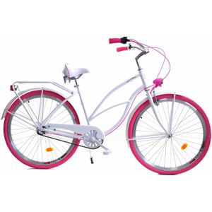 Damesfiets - beach cruiser - 28" - 3 versnellingen - wit roze