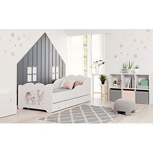 KOBI Kinderbed Anna wit met roze eenhoorn en ballerina | met lade | 160 x 80 cm | kinderbed voor kinderen | met matras en frame | babykamer