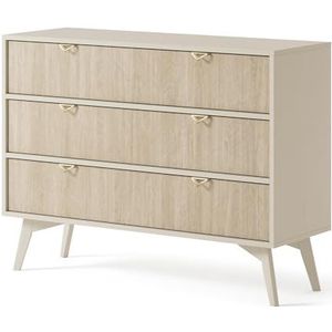 Woonkamer-commode met 3 laden bos 106 cm, commode voor woonkamer, bijzetmeubel, commode met poten, kleur eucalyptus beige (beige)