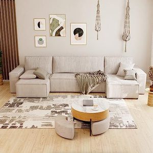 GREKPOL Hoekbank Paris U Cord stoffen Poso Bank met slaapfunctie en bedlade, slaapbank, gestoffeerde hoek, bankstel, hoek, bedbank, grote bank (Beige Poso 100)