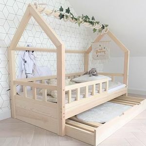 Huisbed 90x180cm met Valbeveiliging Natuurlijk Hout - Bell Nuo - Kinderbed met Bedlade en met Lattenbodem - Stabiele Valbeveiliging Bed voor Kinderkamer