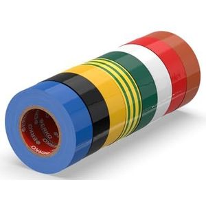ERKO PVC isolatietape set 19 mm x 20 m reparatie van elektrische leidingen, zeer flexibel met sterke kleefkracht, chemisch bestendig, multicolor, verpakking van 8 stuks, polyvinylchloride