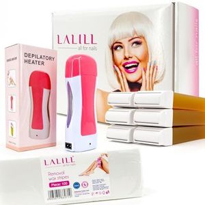 LALILL Waxing Set – ontharingsset bestaande uit: 100 stuks vliesstrips voor was, waspatronen 100 ml x 6, waxverwarmer voor waspatronen (roze, blauw, zwart)