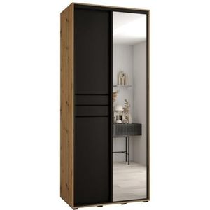 MEBLE KRYSPOL Davos 11 100 Kledingkast met twee schuifdeuren voor slaapkamer - Moderne Kledingkast met spiegel, kledingroede en planken - 235,2x100x45 cm - Artisan Black Zwart
