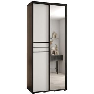 MEBLE KRYSPOL Davos 11 100 Kledingkast met twee schuifdeuren voor slaapkamer - Moderne Kledingkast met spiegel, kledingroede en planken - 235,2x100x45 cm - Zwart Wit Zwart
