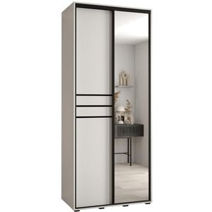 MEBLE KRYSPOL Davos 11 100 Kledingkast met twee schuifdeuren voor slaapkamer - Moderne Kledingkast met spiegel, kledingroede en planken - 235,2x100x60 cm - Wit Wit Zwart