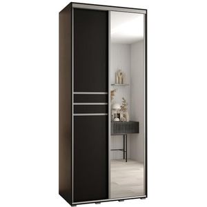 MEBLE KRYSPOL Davos 11 100 Kledingkast met twee schuifdeuren voor slaapkamer - Moderne Kledingkast met spiegel, kledingroede en planken - 235,2x100x60 cm - Zwart Zwart Zilver