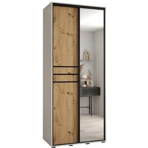 MEBLE KRYSPOL Davos 11 110 Kledingkast met twee schuifdeuren voor slaapkamer - Moderne Kledingkast met spiegel, kledingroede en planken - 235,2x110x45 cm - Wit Artisan Zwart