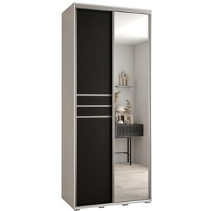 MEBLE KRYSPOL Davos 11 110 Kledingkast met twee schuifdeuren voor slaapkamer - Moderne Kledingkast met spiegel, kledingroede en planken - 235,2x110x45 cm - Wit Zwart Zilver